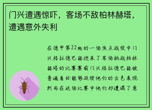 门兴遭遇惊吓，客场不敌柏林赫塔，遭遇意外失利