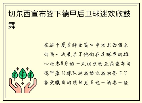 切尔西宣布签下德甲后卫球迷欢欣鼓舞